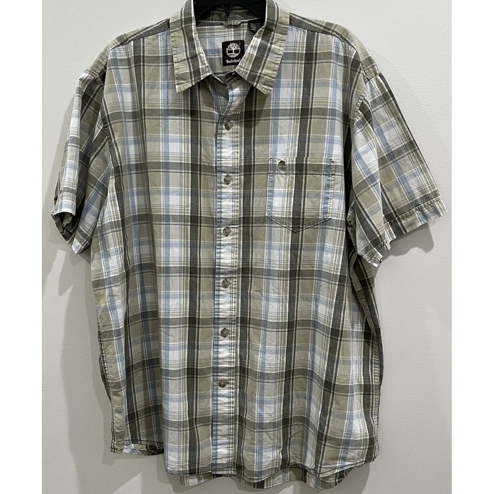 Timberland Green Plaid Short Sleeve Casual Button Down Shirt 100% Cotton XL